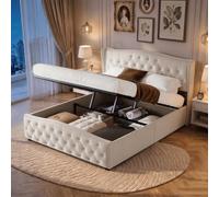 Cama tapizada de 140 x 200 cm, Cama Doble con Almacenamiento, baúl hidráulico con somier de láminas y cabecera, Cama de Invitados para Adolescentes Adultos, sin colchón, Terciopelo (Beige,140x200)
