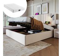 Cama tapizada de 140 x 200 cm, cama doble, espacio de almacenamiento, luz de lectura con función de carga USB, cabecero, respaldo con diseño de remaches, cama con somier y cajón, algodón, beige (con
