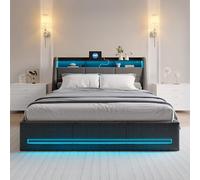 Cama tapizada de 140 x 200 cm, cama doble moderna funcional con iluminación LED y función de carga USB, cama de almacenamiento hidráulico con somier, cama juvenil, sin colchón (gris+3 cuadrados, 140 x