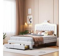Cama tapizada de 140 x 200 cm, cama infantil con LED, cama para niña con 2 cajones, cama de princesa con forma de corona, cama juvenil con somier y cabecero ajustable, PU, blanco (blanco, 140 x 200)