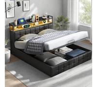 Cama tapizada de 140 x 200 cm, color beige, cama LED de 140 x 200 cm, con cajonera hidráulica y USB/tipo C, cama doble juvenil con somier, con cabecero acolchado, franela (negro, 160 x 200 cm)