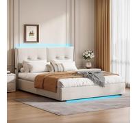 Cama tapizada de 140 x 200 cm, color beige, cama LED de 140 x 200 cm, con cajonera hidráulica y USB/tipo C, cama doble juvenil con somier, cabecero tapizado, franela (beis, 140 x 200 cm)