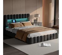 Cama tapizada de 140 x 200 cm con sistema hidráulico, estructura de cama de 140 x 200 cm con gran espacio de almacenamiento, cama de matrimonio moderna con somier de láminas - tocón de árbol y