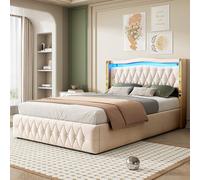 Cama tapizada de 140 x 200 cm, patas anchas con rayas brillantes para un agarre estable, con iluminación LED que cambia de color, con sistema hidráulico para almacenamiento, con detalles brillantes de