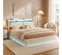 Cama tapizada de 150 x 200 cm con cabecero de almacenamiento y almacenamiento elevable, cama otomana con iluminación LED y estación de carga USB, marco de cama doble de 1,5 m con listones y marco de