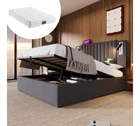 Cama tapizada de 160 x 200, cama doble, espacio de almacenamiento, luz de lectura con función de carga USB, cabecero, respaldo con diseño de remaches, cama con somier y cajón, algodón, gris (con
