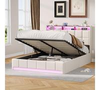 Cama tapizada de 160 x 200 cm, cama doble moderna funcional con iluminación LED y función de carga USB, cama de almacenamiento hidráulico con somier, cama juvenil, sin colchón (beige+6 cuadrados, 160