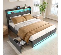 Cama tapizada de 160 x 200 cm con espacio de almacenamiento, cama doble con 4 cajones, cama de almacenamiento con cabecero de almacenamiento, cama juvenil con LED y USB, cama funcional con somier