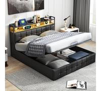 Cama tapizada de 160 x 200 cm con espacio de almacenamiento y somier, cama doble hidráulica con función de carga USB y cabecero LED, ideal para adultos y jóvenes, PU, negro (160 x 200 cm)