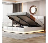 Cama tapizada de 160 x 200 cm con LED, somier de metal y cajón, cama doble con cabecero tapizado ajustable y almacenamiento hidráulico, color blanco (sin colchón)