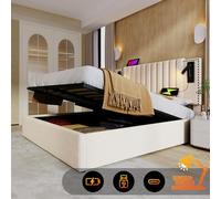 Cama tapizada de 180 x 200, cama doble, espacio de almacenamiento, luz de lectura con función de carga USB, cabecero, respaldo con diseño de remaches, cama con somier y cajón, algodón, beige (sin