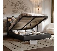 Cama tapizada de 180 x 200 cm, Cama Doble con almacenaje, hidráulica, Estructura de Cama con somier de láminas, Cama Funcional con Carga USB e iluminación LED, Color Negro, PU