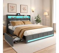 Cama tapizada de 180 x 200 cm con espacio de almacenamiento, cama doble con 4 cajones, cama de almacenamiento con cabecero de almacenamiento, cama juvenil con LED y USB, cama funcional con somier