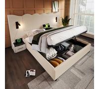 Cama tapizada de 180 x 200 cm con función de carga USB-C, lámpara de lectura y almacenamiento hidráulico, estructura de cama de pana de madera, metal, color beige y blanco, sin colchón