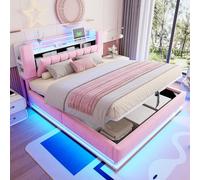 Cama tapizada de 180 x 200 cm con iluminación LED y USB, cama doble con espacio de almacenamiento en el cabecero, cama de almacenamiento hidráulico, estructura de cama con somier de láminas de metal