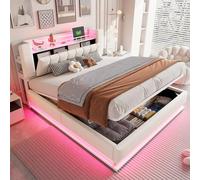 Cama tapizada de 180 x 200 cm con iluminación LED y USB, cama doble con espacio de almacenamiento en el cabecero, cama de almacenamiento hidráulico, estructura de cama con somier de láminas de metal