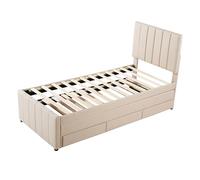 Cama tapizada de 90 x 200 cm con cama nido con 3 cajones, funda de lino agradable al tacto, diseño clásico para habitación de niños, habitación de invitados y ahorro de espacio para dormir