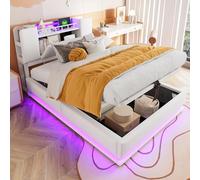 Cama tapizada de 90 x 200 cm con iluminación LED y USB, cama doble con espacio de almacenamiento en el cabecero, cama de almacenamiento hidráulico, estructura de cama con somier de láminas de metal