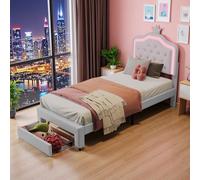 Cama tapizada de 90 x 200 cm, cuna con LED, cama para niña con cajones, cama princesa con forma de corona, cama juvenil con somier y cabecero ajustable, PU, blanco (blanco, 90 x 200)