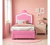 Cama tapizada de 90 x 200 cm, cuna con LED, cama para niña con cajones, cama princesa con forma de corona, cama juvenil con somier y cabecero ajustable, PU, rosa (rosa, 90 x 200)