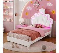 Cama tapizada de 90 x 200 cm en color blanco | Cama de corona de princesa con cabecero ajustable | Luz ambiental teledirigida y 2 cajones | material de poliuretano sin colchón