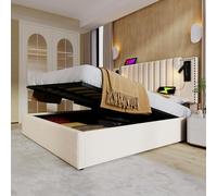 Cama Tapizada de Algodón con Almacenaje y Luz de Lectura, USB Tipo C, Cabecero Ajustable con Diseño de Remaches, Somier con Canapé, Cama Juvenil para Dormitorio y Apartamento, Beige, 160 x 200 cm