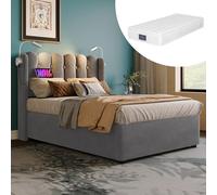 Cama tapizada de alta calidad para cama individual de 90 x 200 cm con función de carga USB integrada, luz de lectura y espacio de almacenamiento, funda de terciopelo gris e incluye colchón de espuma