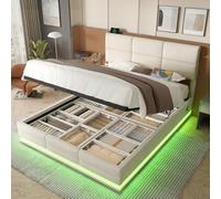 Cama Tapizada de Terciopelo con Cabecero Ajustable, USB Type-C y Iluminación LED, Cama con Almacenaje Hidráulico y Gran Espacio Bajo Cama para Dormitorio y Apartamento, Beige, 180 x 200 cm Sin Colchón
