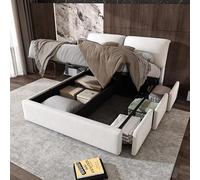 Cama Tapizada de Terciopelo con Somier Hidráulico y Tres Cajones, Cama con Canapé de Almacenaje y Cabecero Acolchado, Cama con Somier de Láminas para Dormitorio y Apartamento, Beige, 140 x 190 cm