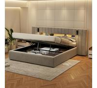 Cama tapizada doble de 180 x 200 cm, cama funcional hidráulica con función de carga USB e iluminación LED, marco de cama con somier y espacio de almacenamiento, cabecero con lámpara de noche, sin