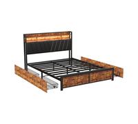 Cama tapizada en color negro de dimensiones 180*200cm, somier de láminas, cabecero, led, balda, 4 cajones y construcción metálica para habitación juvenil o habitación de matrimonio.