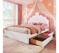 Cama tapizada en forma de corona de 140 x 200 cm con luz LED RGB teledirigida, 2 cajones, cabecero ajustable y material de poliuretano respetuoso con el medio ambiente, diseño práctico para una