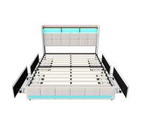 Cama tapizada en lino beige de 140x200cm, con puerto usb, somier de láminas, 4 cajones, iluminación led, apta como cama juvenil o de matrimonio.