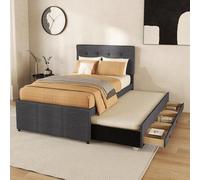 Cama tapizada gris de 90 x 200 cm/90 x 190 cm con cama para invitados extraíble, 3 cajones, cabecero ajustable y marco de madera estable, cama familiar que ahorra espacio sin colchón