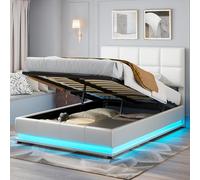 Cama tapizada para Cama Doble de, Cama 140x200 con Almacenaje Hidráulica, LED Cama Juvenil, Camas Matrimoniales con Cabecero y Soporte de Láminas de Madera, PU, Blanco, Sin Colchon (Blanco)