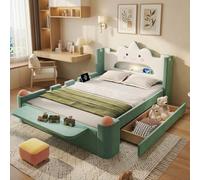 Cama tapizada para niños, cama individual, cama de nubes con lámpara de lectura LED y puerto USB, cajón de almacenamiento izquierda/derecha, taburete plegable, protección contra caídas, funda de