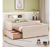 Cama tapizada para niños, con luz nocturna y puerto de carga USB, con compartimentos, laterales elevados para mayor seguridad, cama individual sencilla, cama para niños y niñas, tejido de piel