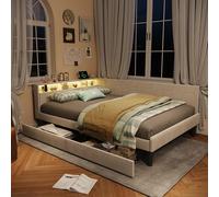 Cama tapizada sofá cama 140 x 200 cm, cama de día con LED y USB, cama individual con 2 cajones, cama de día con espacio de almacenamiento, cama de invitados con somier (terciopelo beige A, 140 x 200