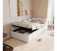 Cama tapizada sofá cama 90 x 200 cm, cama de día extensible con LED y espacio de almacenamiento hidráulico, cama infantil, cama individual, sofá cama de invitados, estructura de cama con somier