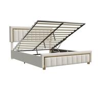 Cama tapizada, somier hidráulico 140x200cm con somier de láminas y espacio de almacenaje, cama doble de madera, cama juvenil polipiel beige