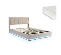 Cama tapizado led tröstiar con somier abatible + colchón 160x200cm beige [en.casa]