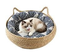 Cama Tejida Para Gatos Nidos Lavables Naturales Transpirables y Portátiles | Cesta Cama para Gatos con Cojín Para Hogar Salón Dormitorio Sofá Mesa Mesilla Nocturna Interior Y Dentro