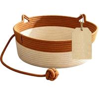 Cama tipo cesta de algodón tejido a mano para gatos, cama redonda estilo boho, cesta interactiva suave, transpirable y apta para arañar, con juguete de bola colgante; ideal para que el gato arañe, due