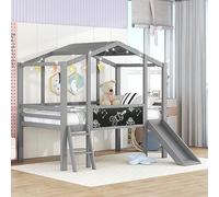 Cama tipo loft de tamaño individual con escalera y tobogán, cama en forma de casa con pizarra y tira de luz en el techo, gran espacio debajo adecuado para espacios pequeños, 80.6 pulgadas de largo x