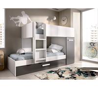 DEKIT GRUPO RIMOBEL TOM - Cama trem con armario y cama arrastre - Blanco/Grafito - 150 x 244 x 112