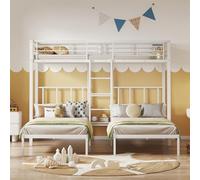 Cama triple, litera triple con escalera para niños y adolescentes, cama de hierro con barrera anticaídas y mesa, 90 x 200 cm x 3 (blanco)