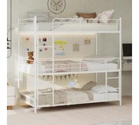 Cama Triple Metálica con Escalera Integrada y Barandilla Continua, Estructura Resistente sin Muelles, Ahorro de Espacio y Fácil Montaje, para Dormitorio y Dormitorio Juvenil, Blanco, 192x92x192 cm