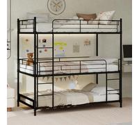 Cama Triple Metálica con Escalera Integrada y Barandilla Continua, Estructura Resistente sin Muelles, Ahorro de Espacio y Fácil Montaje, para Dormitorio y Dormitorio Juvenil, Negro, 192x92x192 cm