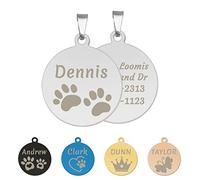 CAMAL Chapa Perro Grabada, Placa Perro Grabada Acero Inoxidable, Redondo Chapas Personalizadas para Collar Perro Gato Mascota con Pequeños Iconos, Disponible en 2 Tamaños y 5 Colores (25mm, Plata)