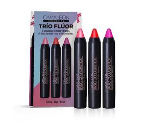 Camaleon Cosmetics - Pack 3 Pintalabios Flúor - Larga Duración - Tonos Intensos y Vibrantes - Color: Fucsia, Rojo y Rosa.